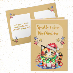 Cartão De Festividades Sparkle este gato bonitinho de Natal é dourado
