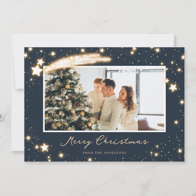 Cartão De Festividades Sparkly Stars Blue Photo Christmas Cards (Frente)