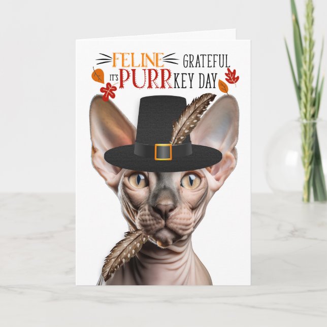 Cartão De Festividades Sphynx Hairless Cat Grateful para PURRkey Day (Frente)