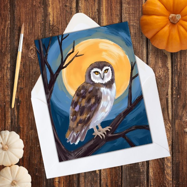 Cartão De Festividades Spooky Owl | Feliz Dia das Bruxas de Lua (Criador carregado)