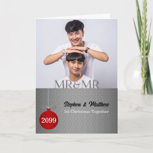 Cartão De Festividades Sr e Sr Foto de Natal Damask Prata (Frente)