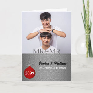 Cartão De Festividades Sr e Sr Foto de Natal Damask Prata 1ª