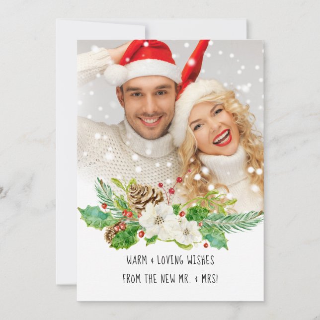 Cartão De Festividades Sr. e Sra. Primeiro Natal Foto Dourada de Aquarela (Frente)