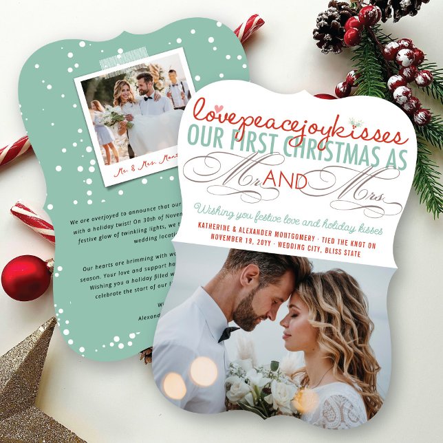 Cartão De Festividades Sr. & Sra. Primeiro Mistura de Natal Foto Casament (Love Peace Joy Kisses Mr And Mrs First Christmas 4 Photo Collage Wedding Holiday Card @ fat_fa_tin)