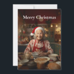 Cartão De Festividades Sra. Papais noeis Baking Cake<br><div class="desc">Retrato de uma sorridente Sra. Papai Noel assando um bolo em sua cozinha no Polo Norte. Na cozinha confortável, quente e brilhante, Sra. Papai Noel, uma vista alegre, com avental amarrado e farinha no ar, ela assar um bolo com amor e cuidado. Os olhos dela, como as estrelas cintilantes acima,...</div>