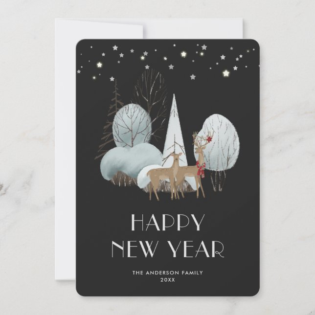 Cartão De Festividades Starry Night Buck Doe Black New Year Card (Frente)