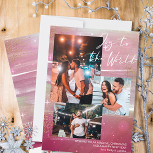 Cartão De Festividades Starry Night Joy to the World 3 Photo Collage Red