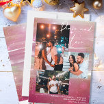 Cartão De Festividades Starry Night Peace and Love 3 Photo Collage Red<br><div class="desc">Create your own 3 photo collage holiday card, with Peace and Love hand lettering, on a starry night background. The design features watercolor brush strokes, in shades of ruby red wine and pink, with stars, starlight glow and gold dust. Peace and Love is lettered in modern script calligraphy, which you...</div>