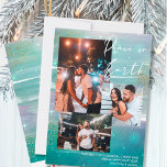 Cartão De Festividades Starry Night Peace on Earth 3 Photo Collage Green<br><div class="desc">Create your own 3 photo collage holiday card, with Peace on Earth hand lettering, on a starry night background. The design features watercolor brush strokes, in shades of green mint pink and grey, with stars, starlight glow and gold dust. Peace on Earth is lettered in modern script calligraphy, which you...</div>