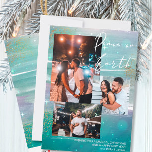 Cartão De Festividades Starry Night Peace on Earth 3 Photo Collage Green