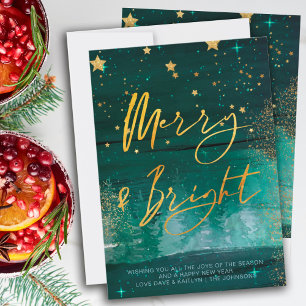 Cartão De Festividades Starry Winter Night Feliz e Bright Green Dourado