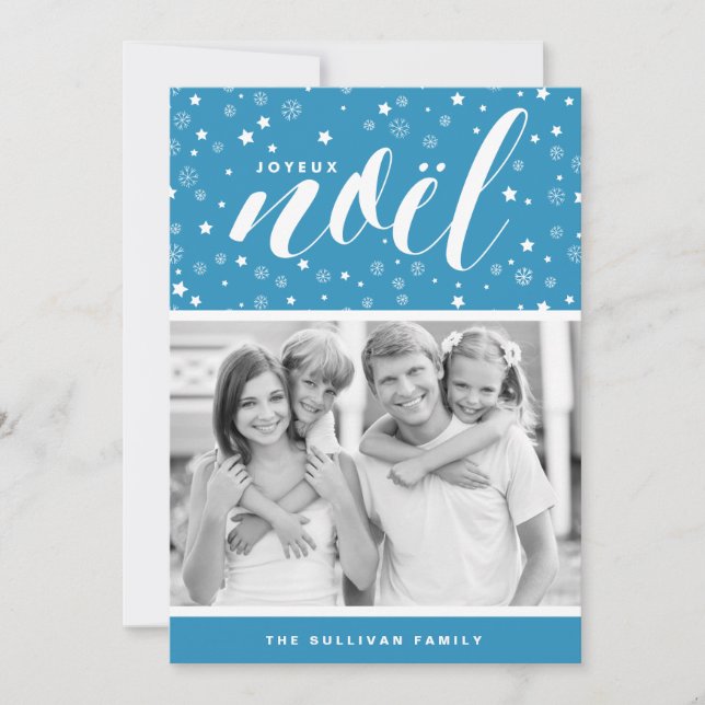 Cartão De Festividades Stars and Snowflakes Joyeux Noël Blue Holiday Card (Frente)