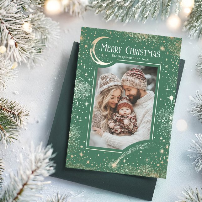 Cartão De Festividades Stars Celestial Foto de Natal Mágico (Green Merry Christmas Photo Card)