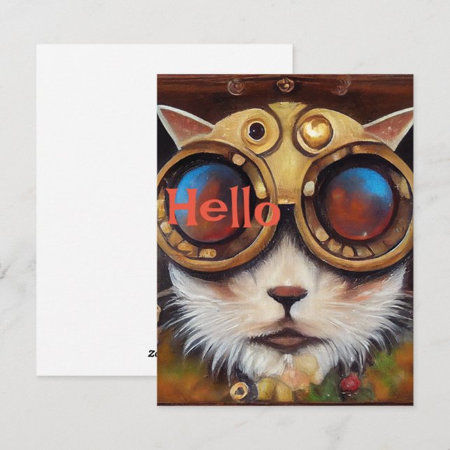 Cartão De Festividades Steampunk Cat Notecard para dizer "Olá" (Frente/Verso)
