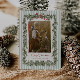 Cartão De Festividades Stripe and Bow Christmas Photo Card Sage