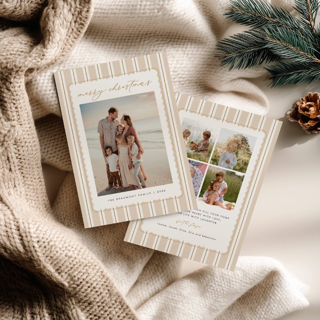 Cartão De Festividades Striped and Scalloped Christmas Card with Photo (Criador carregado)