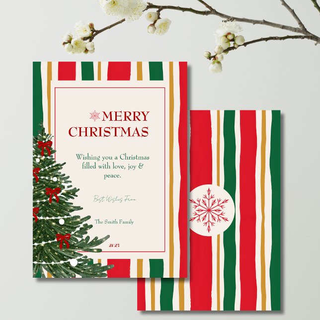 Cartão De Festividades Striped Christmas Card with Pine Tree and Red Bows (christmas card, striped christmas card, red green yellow cream stripes, christmas tree card, festive)