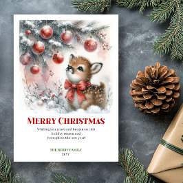 Cartão De Festividades Stylish Baby Deer Snowy Forest Watercolor Christma