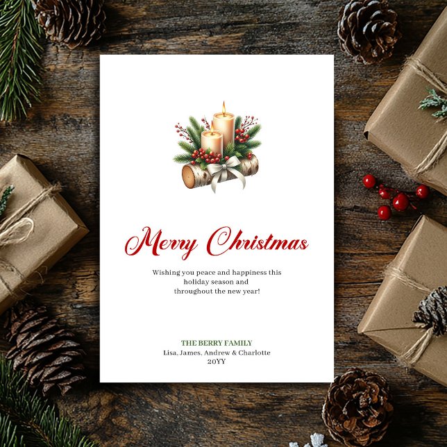 Cartão De Festividades Stylish Christmas candles wooden log greeting (Stylish Christmas candles wooden log greeting Holiday Card)