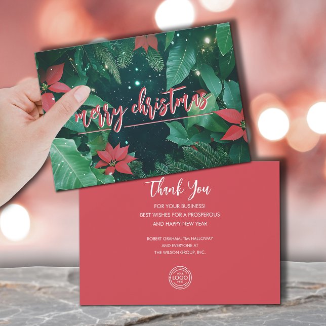Cartão De Festividades Stylish Christmas Poinsettias Business Logo (Merry Christmas poinsettias business logo greeting cards, PRINTED and/or INSTANT DOWNLOAD)