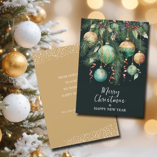 Cartão De Festividades Stylish Christmas Tree Ornaments (Chic green and gold Christmas tree ornaments flat holiday greeting cards, message on the back)