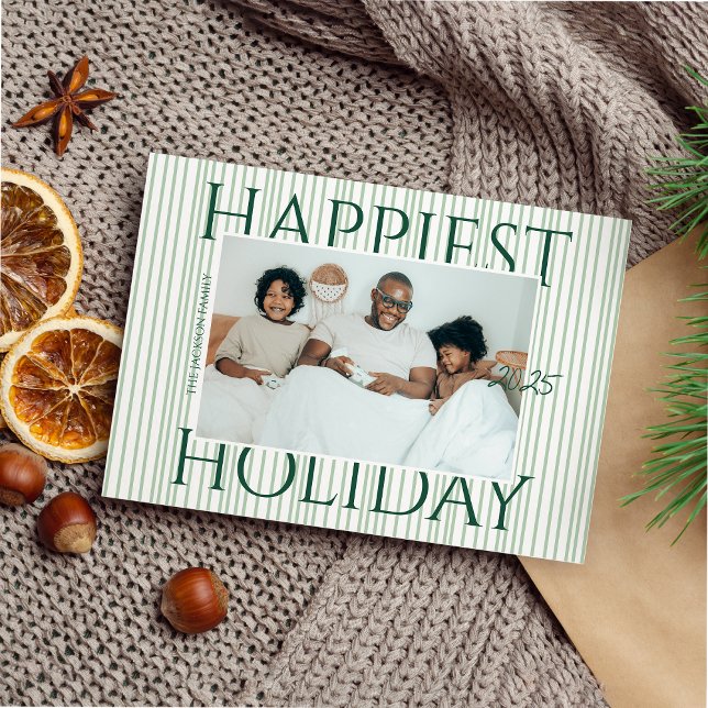 Cartão De Festividades Stylish Modern Green Stripes Family Photo Happiest (Criador carregado)
