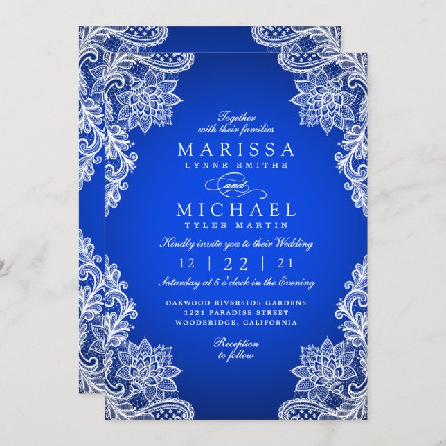 Cartão De Festividades Stylish Royal Blue Floral Lace Wedding Invitation (Frente/Verso)