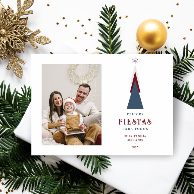 Cartão De Festividades Stylish Spanish Colorful Christmas Tree Photo  (Spanish Modern and Colorful Christmas Card with Christmas Tree Photo,)