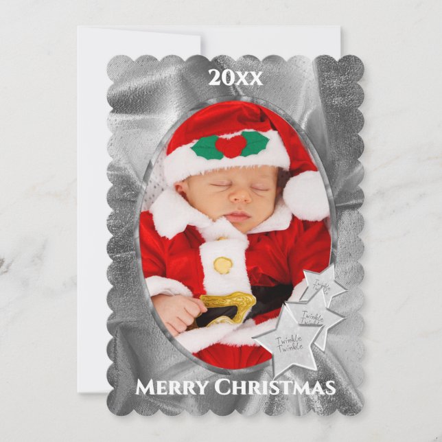 Cartão De Festividades Sua Foto: Moldura de Imagem Oval de Natal Prateado (Frente)