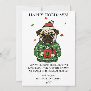 Cartão De Festividades Suéter Feio de Pug Chocolate Quente de Natal Marsh