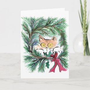 Cartão De Festividades Sumi-e, Gato de Wreath de Natal