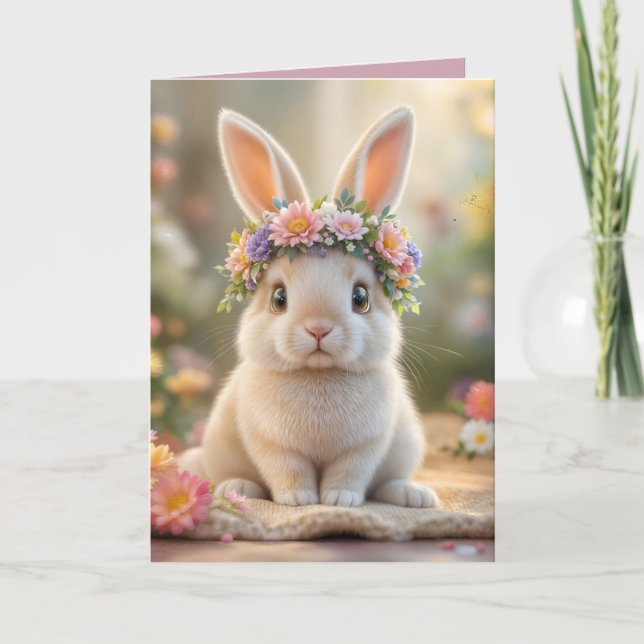Cartão De Festividades Super cute bunny with a flower wreath on its head  (Frente)