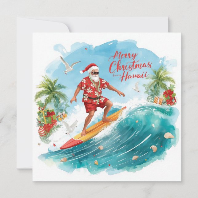 Cartão De Festividades Surfing Santa in Hawaii – Tropical Christmas  (Frente)