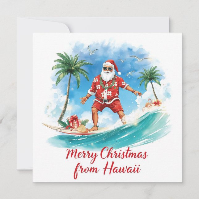 Cartão De Festividades Surfing Santa in Hawaii – Tropical Christmas  (Frente)