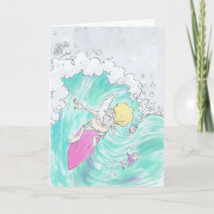 Cartão De Festividades Surfing Santa on a greeting card.