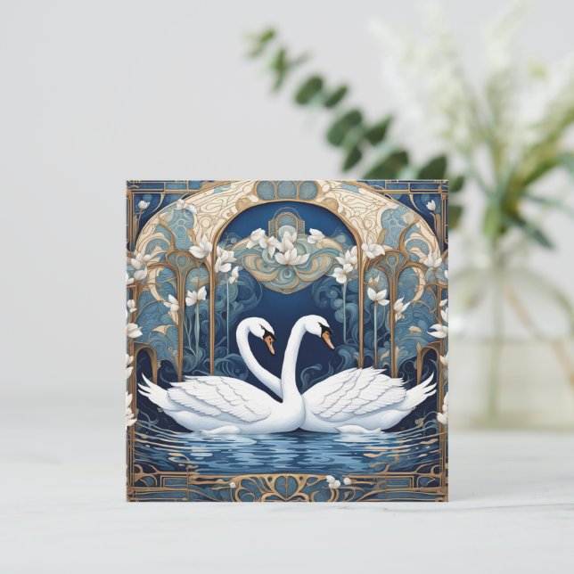 Cartão De Festividades Swan Casal Art Nouveau Bird Art Deco Blue (Em pé/Frente)