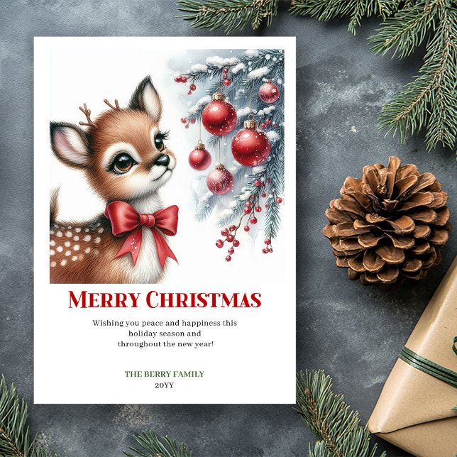 Cartão De Festividades Sweet baby deer snowy forest winter scene greeting (Send warm holiday wishes with this serene watercolor Christmas greeting card featuring an adorable b)