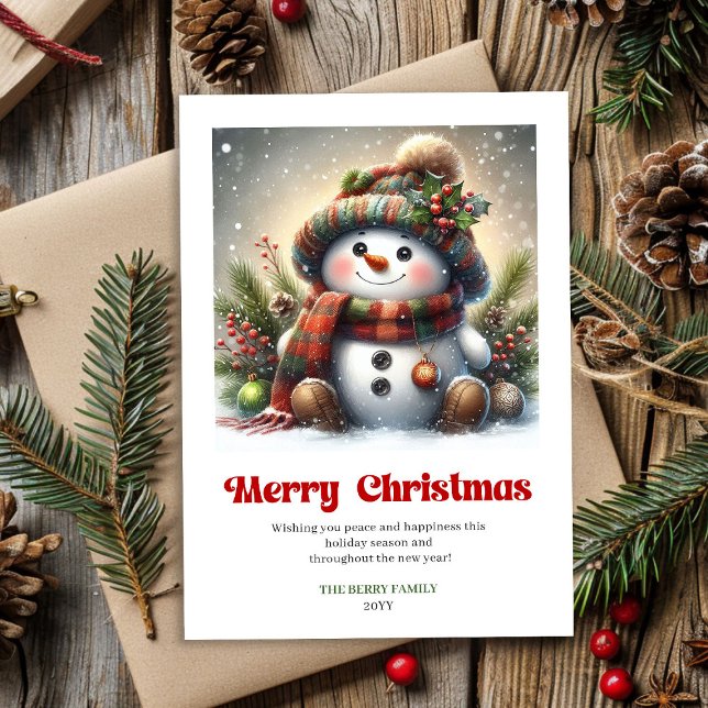 Cartão De Festividades Sweet Christmas snowman watercolor kids greeting   (Sweet Christmas snowman watercolor kids greeting printable)