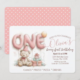Cartão De Festividades Sweet First Birthday Invitation with Teddy Bear 