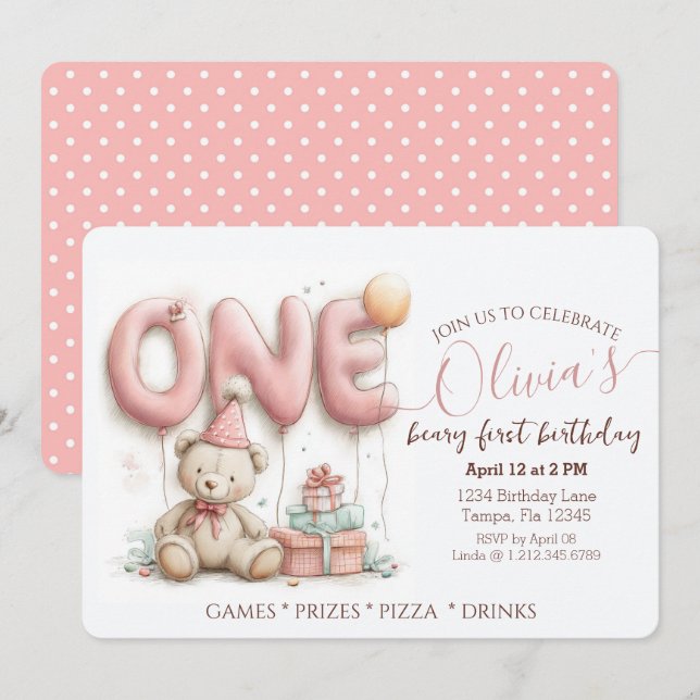 Cartão De Festividades Sweet First Birthday Invitation with Teddy Bear  (Frente/Verso)