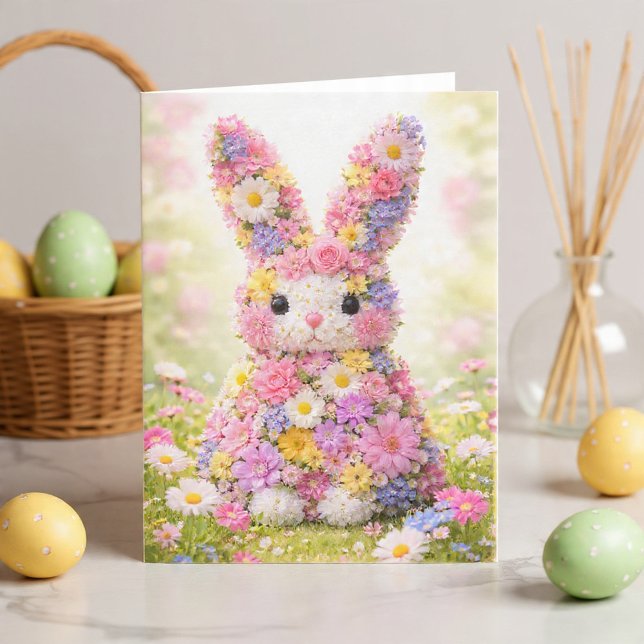 Cartão De Festividades Sweet Flower Bunny Rabbit Easter (Sweet Flower Bunny Rabbit Easter Holiday Card by Ricaso A cute bunny made in floral design. )