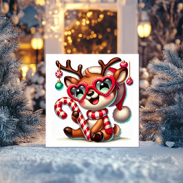 Cartão De Festividades Sweet Reindeer in Striped Scarf and Candy Cane