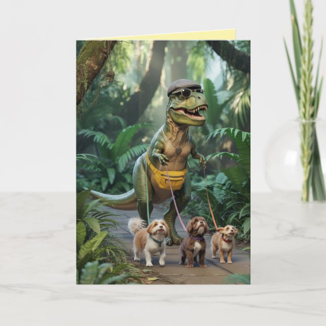 Cartão De Festividades T-Rex Walkin' the Dog Card (Frente)