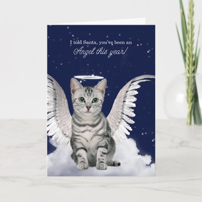 Cartão De Festividades Tabby Cat Angel para Férias de Natal (Frente)