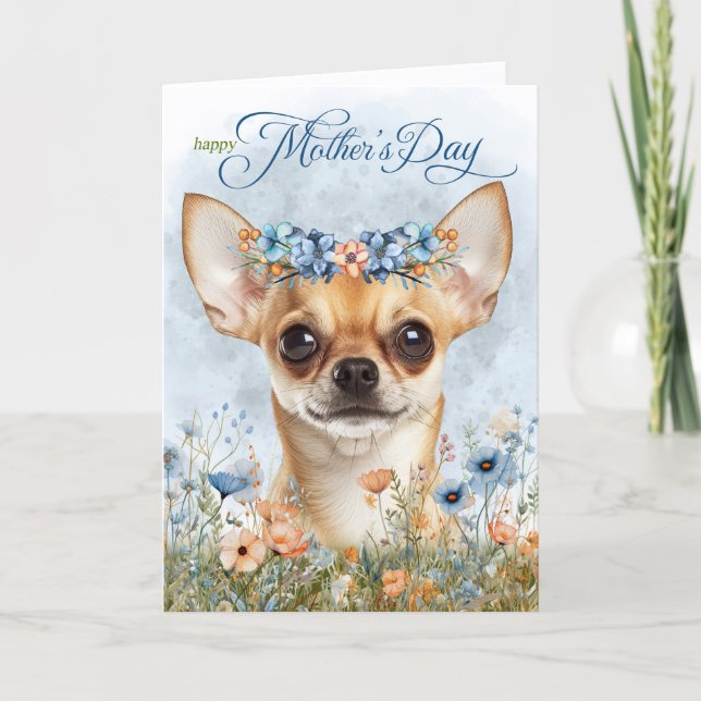 Cartão De Festividades Tan Chihuahua Dog with Wildflowers Mother's Day (Frente)