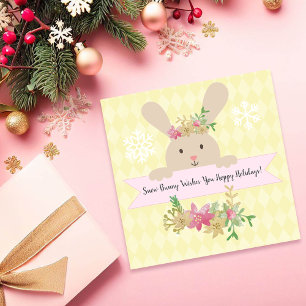 Cartão De Festividades Tan Snow Bunny Rosa Dourado Poinsettia Alegre