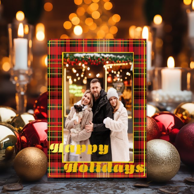 Cartão De Festividades Tartan Festivo Vermelho e Verde "Feriados Felizes" ('Happy Holidays' Red and Green Tartan Plaid Christmas Photo Holiday Greeting Card)