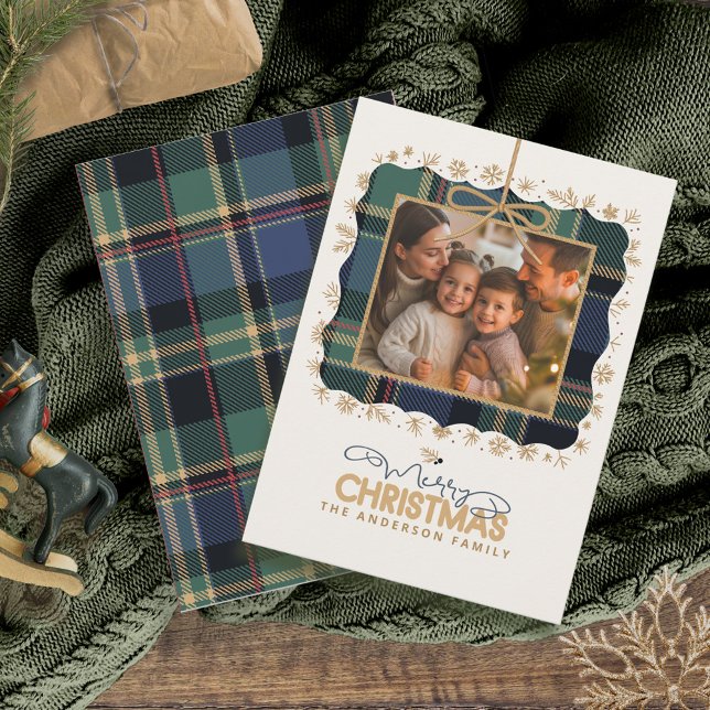 Cartão De Festividades Tartan Trim Christmas One Photo Template ID1141B (Criador carregado)
