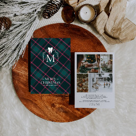 Cartão De Festividades Tartan Verde e Rosa | Foto Monograma com Laço Coqu