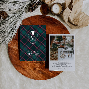 Cartão De Festividades Tartan Verde e Rosa Foto Monograma com Laço Coqu